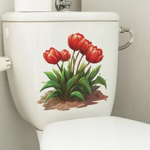 Vibrant red tulip wall stickers for home decor shown on a white toilet tank surface
