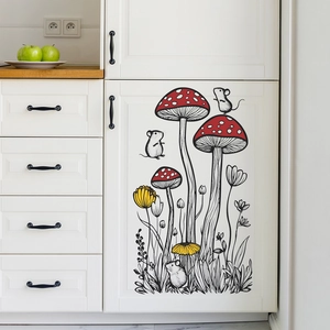 Creative mushroom and mouse wall decals applied on white kitchen cabinets in a cozy room