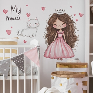 Stickers muraux princesse et chat blanc avec cœurs roses pour chambre d'enfant