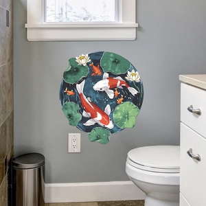 Traditional Chinese Style Koi Fish Lotus Leaf Wall Sticker PVC Waterproof Round Pond Scene Decal For Home Decor