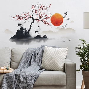 Traditional Chinese ink wash wall sticker with red sun, cranes, and plum blossom tree