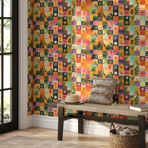 Modern tropical wallpaper with flamingo and palm leaf patterns in a stylish living room