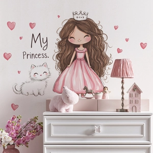 Stickers muraux princesse de dessin animé et chat pour chambre d'enfant aux tons roses