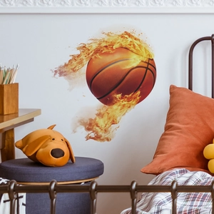 Sticker mural 3D basket-ball en feu avec traînée dynamique pour décoration chambre