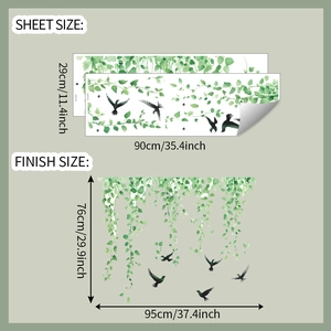 Detail showing hanging green vine leaves and birds wall sticker sheet and finish dimensions