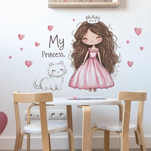 Sticker mural princesse et chaton blanc avec cœurs roses pour chambre de fille