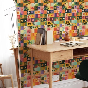 Modern abstract geometric wall sticker with vibrant circles and palm leaf patterns