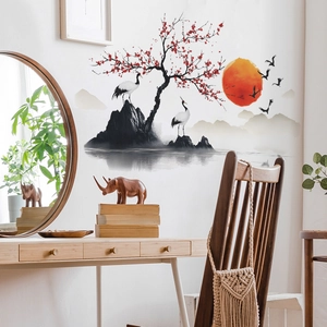 Chinese ink landscape wall sticker featuring cranes and sunset for living room decor