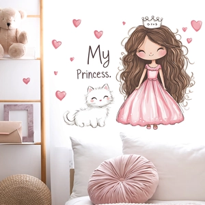 Sticker mural princesse et chat pour chambre d'enfant avec cœurs roses et texte My Princess