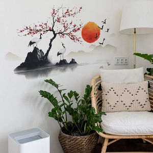 Traditional Chinese landscape wall sticker with red plum blossoms, cranes, and sunset