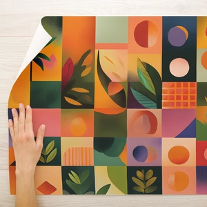 Modern abstract wall sticker featuring geometric colorful shapes and green leaves patterns