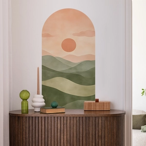 Sunset mountain arch wall sticker with minimalist geometric patterns for home decor