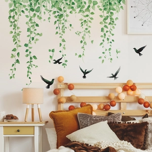 Watercolor green vine wall decals with black birds for bedroom and living room decor
