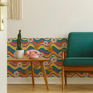 Retro 70s wave and daisy pattern wall sticker for vintage living room home decor