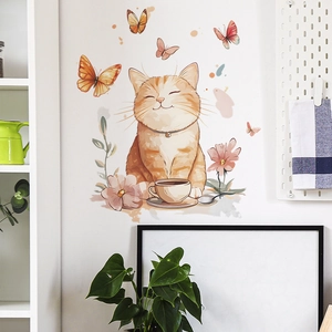 Cute chubby orange cat and butterfly wall sticker for cozy kitchen and home decor