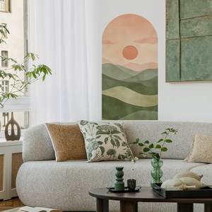 Abstract sunset mountain arch wall decal for living room in minimalist Morandi tones