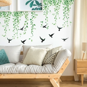 Fresh green hanging vine wall stickers with black bird silhouettes for home decoration