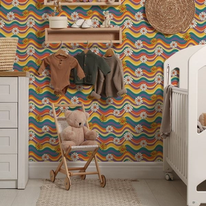 70s retro wallpaper with colorful waves and daisies in a minimalist baby nursery room