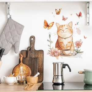 Chubby orange cat with butterfly and coffee wall decal for kitchen home decor