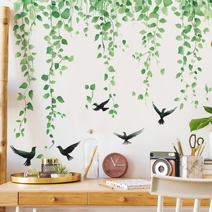 Watercolor green hanging vine wall stickers with flying birds for home living room decor