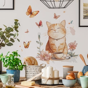 Cute chubby orange cat and butterflies wall stickers for cozy home kitchen decoration