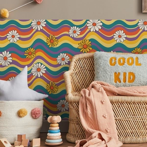 Retro 70s Style Wave Daisy Flower Wall Sticker Waterproof PVC Decorative Wall Decal For Bedroom Living Room Kids Nursery
