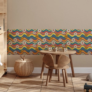 Retro colorful wavy wall stickers with daisy floral patterns for kids bedroom decor