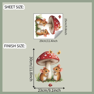 Detailed sheet size and finish effect of cartoon mouse and mushroom wall decals