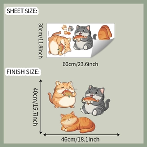 Cartoon fat cat wall stickers showing sheet size 30x60cm and finish size 40x46cm