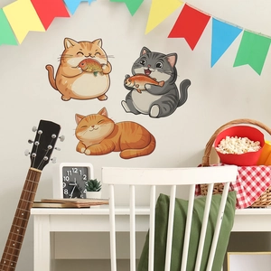 Cute cartoon cat wall stickers set featuring orange and grey tabbies for kitchen decoration