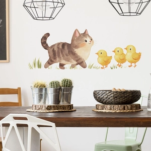 Cartoon tabby cat and yellow chicks wall sticker for kitchen and nursery home decor