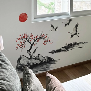 Sticker mural style chinois fleur de prunier et grues pour décoration salon chambre