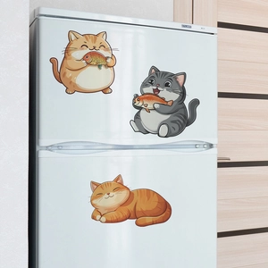 Three cute cartoon cat wall stickers displayed on a white refrigerator for home decor