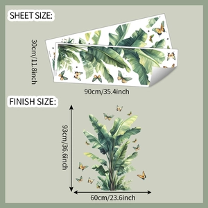 Detail of tropical plant wall stickers with green leaves and colorful butterflies