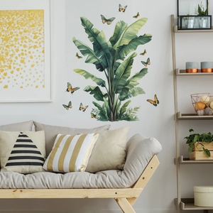 Fresh watercolor banana leaf wall stickers with colorful butterflies for living room