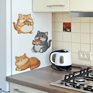 Cartoon fat cat wall stickers set featuring cute ginger and tabby cats for kitchen decor