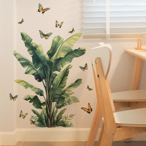 Fresh green banana leaf and butterfly wall decals for modern living room home decoration