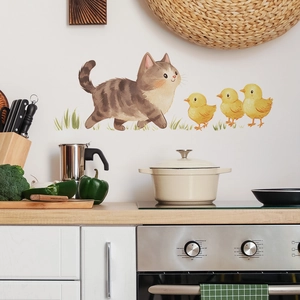 Cartoon cat and chicks wall stickers for kitchen decoration on self-adhesive vinyl