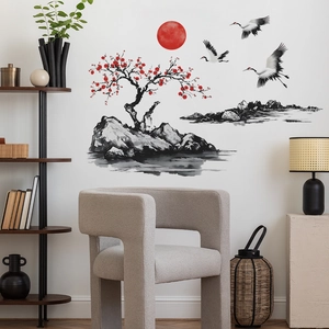 Stickers muraux style chinois avec fleurs de prunier et soleil rouge pour décoration