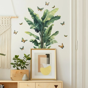 Modern Watercolor Green Plant Banana Leaves And Butterflies Wall Stickers PVC Decorative Wall Decal For Living Room Bedroom Home Art