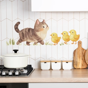 Cartoon cat and duckling wall stickers for kitchen tile decoration with minimalist style