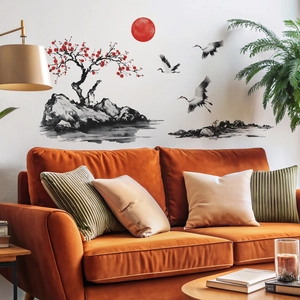 Sticker Mural Style Lavis Chinois Fleurs de Prunier Coucher de Soleil Grues Volantes Autocollant Mural Amovible en PVC pour Salon Chambre à Coucher Maison