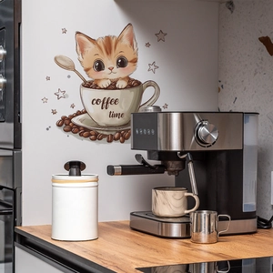 Cartoon orange kitten in coffee cup wall sticker for kitchen and cafe wall decoration