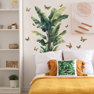 Fresh green banana leaf and colorful butterflies wall decals for cozy living room decor