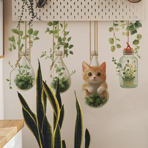 Hanging glass bottle wall decals with green plants and a cute cat for home decor