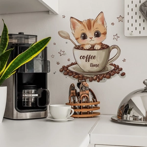 Cartoon coffee cat wall stickers with coffee time text for kitchen and cafe wall decor