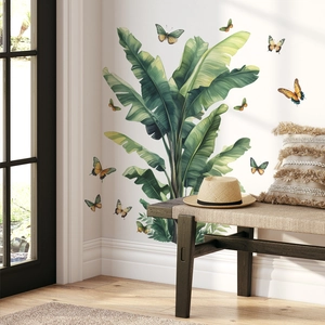Creative tropical banana leaf wall sticker with realistic butterflies for home decoration