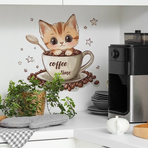 Cartoon orange cat in coffee cup wall sticker for kitchen and cafe wall decor