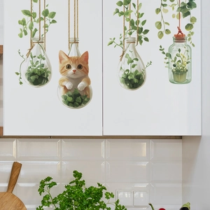 Modern Creative Hanging Glass Bottle Green Plants And Cute Cat PVC Wall Stickers Decorative Decals For Home Bedroom Living Room Kitchen