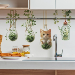 3D hanging glass bottles wall sticker with green plants and orange cat for home decor